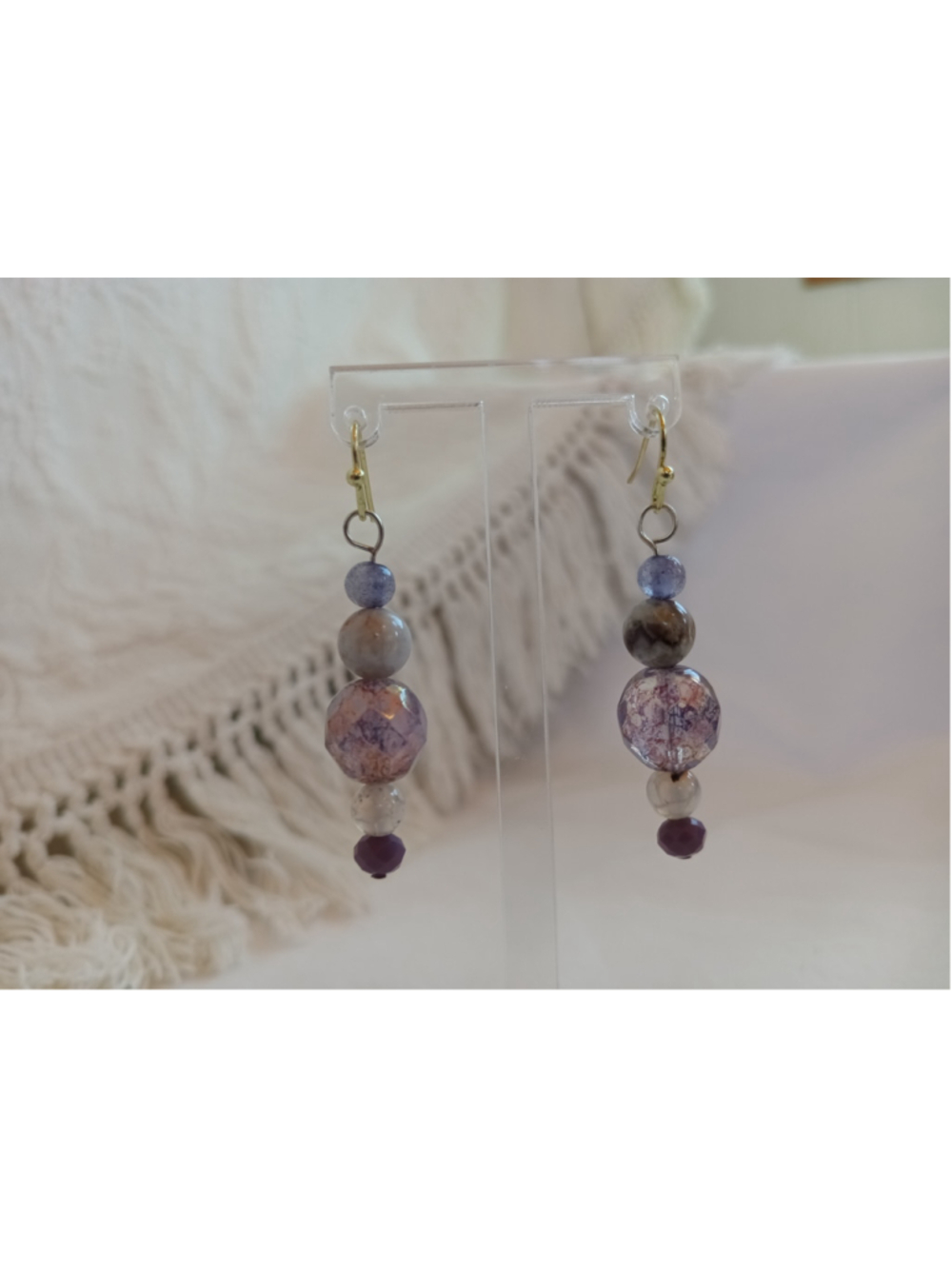 Hand Crafted purple crystal Beaded Dangle Earrings colorful sparkly boho drop - Picture 5 of 5